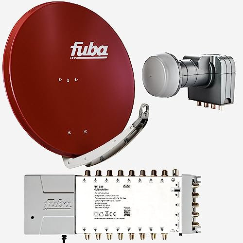 Fuba Sat Anlage 16 Teilnehmer | Satellitenschüssel Komplettset - DAA 850 R Alu Sat-Schüssel 85cm rot + Fuba Quattro LNB + Fuba FMT516 Sat Multischalter 16 Teilnehmer (DVB-S2, HDTV, UHD 4K/8K)