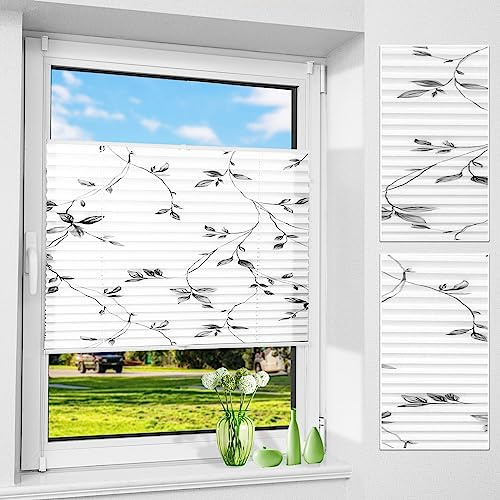 Allesin Plissee ohne Bohren mit Blumenmotiv, Plissees Klemmfix mit Muster, Weiß 50x110cm(BxH), Plisseerollo Jalousie Rollos für Fenster und Tür, Sichtschutz und Sonnenschutz