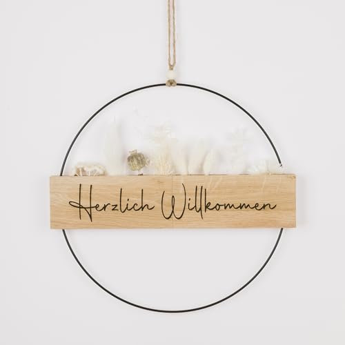 Trockenblumenkranz - Türkranz Herzlich Willkommen - Türkranz Trockenblumen - Türkranz personalisiert - Willkommensschild - (Trockenblumen Weiss)