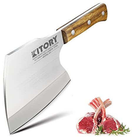 Kitory Feuille de Boucher 16cm pour la viande congelée et les gros os, 1KG Couteau Hachoir lourd Forgé à la Main, Couteau de Boucher en Forme de Hache, extra-épais 7 mm