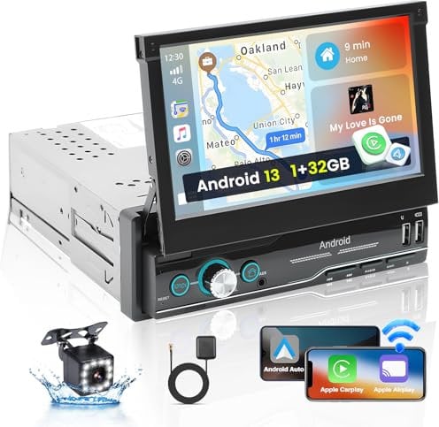 Hikity 1 Din Android Autoradio Wireless Carplay Android Auto 7 Zoll Touch Display Auto Radio Manuelle Ausfahrbarem Bildschirm GPS Navi WiFi BT FM Radio Rückfahrkamera