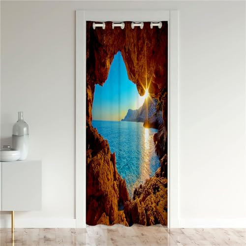 Odot Rideaux de Porte à Oeillets, Motif Paysage Marin Vue Mer Rideau de Porte Interieur Occultant Rideau de Séparation de Pièce Rideau de Porte à Isolation Thermique (80x180cm,Lever du Soleil)