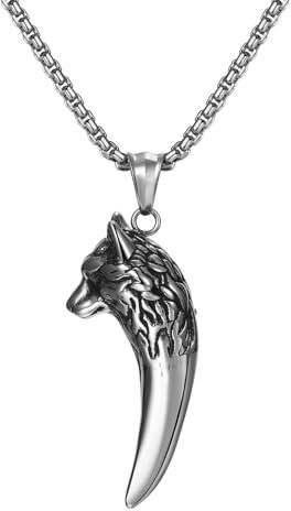 JewelryWe Wikinger Halskette Wolfskopf Wolfszahn: Herren Edelstahl Wolf Gebiss Zahn Anhänger Talisman Amulett Kette Biker Rocker Therian Halskette Silber Geschenk für Männer Vater Ehemann