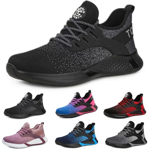 tqgold Sicherheitsschuhe Herren Damen Leicht Arbeitsschuhe Sportlich Schutzschuhe Stahlkappenschuhe rutschfest Atmungsaktiv (Größe 39EU,Schwarz)
