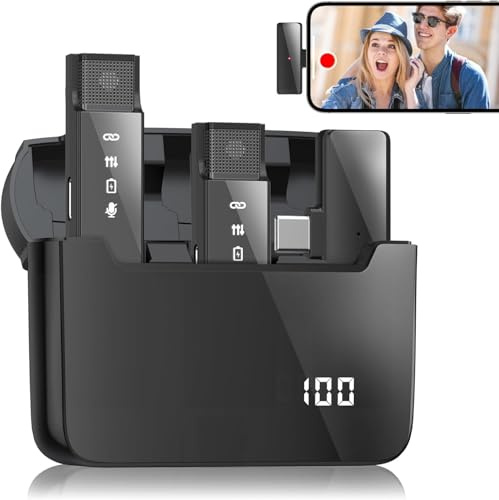 ADIUPUL Kabelloses Lavalier-Mikrofon für Android-USB-C-Telefone mit aktiver Geräuschunterdrückung, 2er-Pack Plug-Play-Mini-Mikrofon mit 30-Stunden-Ladeetui – Schwarz