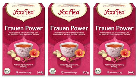 Yogi Tea - Frauenpower, Ayurvedischer Bio Gewürz- und Kräutertee, von Natur aus koffeinfrei, Angelikawurzel, Ingwer, Hibiskus, Yogi Tee 3er Pack, 3x17 Beutel (51 Teebeutel insgesamt)