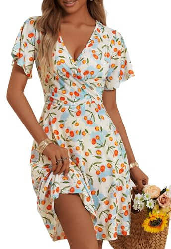 FENSACE Robe d'été mi-longue à manches courtes et col en V pour femme Motif floral, Cerise blanche orange-61, Taille S