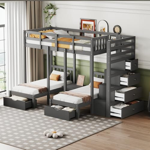 Billg Etagenbett 200x90cm für 3 Kinder, Kinderbett mit Absturzsicherung, Hochbett mit Schubladen, Nachttischen und Sicherheitsleiter, Gepolstert Stockbett mit Lattenrost und Ablagegestell