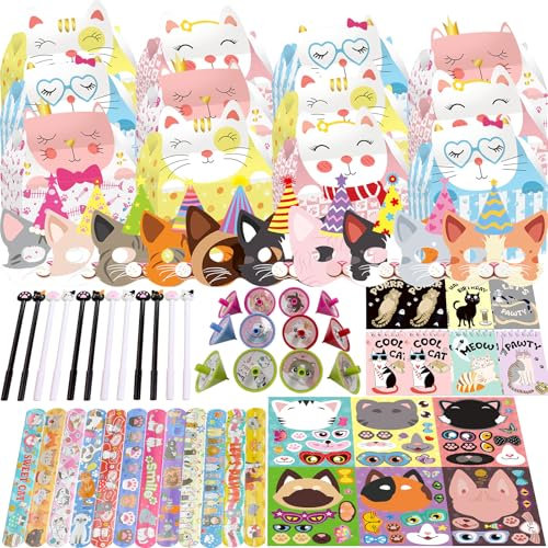 NlsqEU 84 pezzi per feste di gatti, decorazione per compleanno, penna, sacchetti regalo, taccuino, maschere, adesivi fai da te, portachiavi, trotola, temi gatti, accessori per feste di compleanno