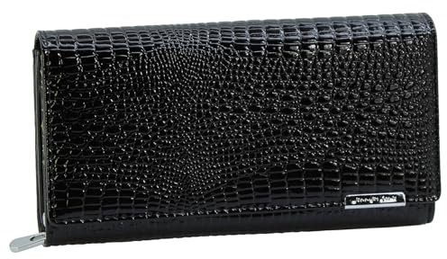 Jennifer Jones - Damen Leder Geldbörse Großer Geldbeutel für Frauen - Portemonnaie mit RFID-Schutz, Croco-Optik (XXL schwarz)