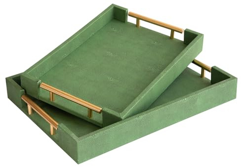 UPPER DECOR Decorative Tray Set of 2, Green Shagreen Leather Tray, Modern Elegant Rectangle Serving Trays with Gold Polished Metal Handles, Ottoman Trays Coffee Table Perfume Kitchen Home Decor