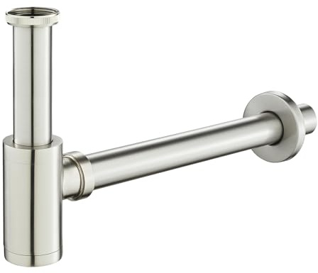 KEOKBON Bottle Trap, G1 1/4 Brass Basin Waste Bottle Trap Set Height Adjustable P Trap Waste Odour Traps Plumbing Drain Pop-up Drain, Nickel Brushed