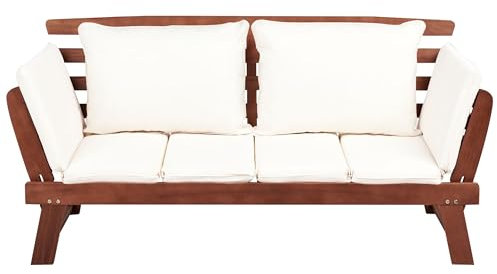 Beliani Gartenbank Holz Dunkelbraun verstellbare Armlehnen Auflagen Creme weiß Portici