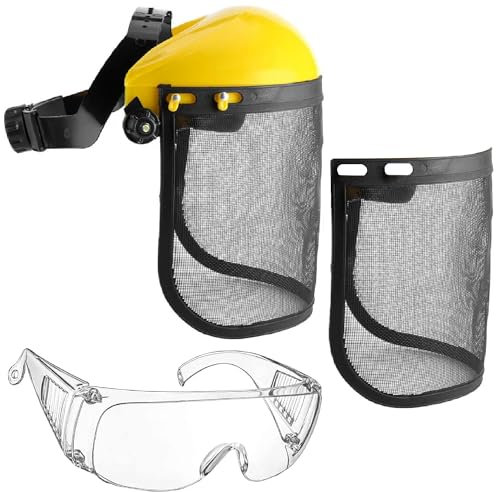 GUSTO Schutzvisier mit 2 Stahlnetzen und Schutzbrille Freischneider Einstellbar Anhebbar Schützendes Visier für Gesicht und Augen Gartenarbeit (Brille-Set)