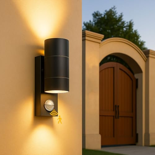 PIR Motion Sensor Outdoor Wall Lights,IP44 Stainless Steel Up Down Exterior Wall Sconce, Front Door Wall Light, Mains Powered Outside Wall Lights for Garden,Patio,Porch,Garage, 2X GU10 Bulbs Included