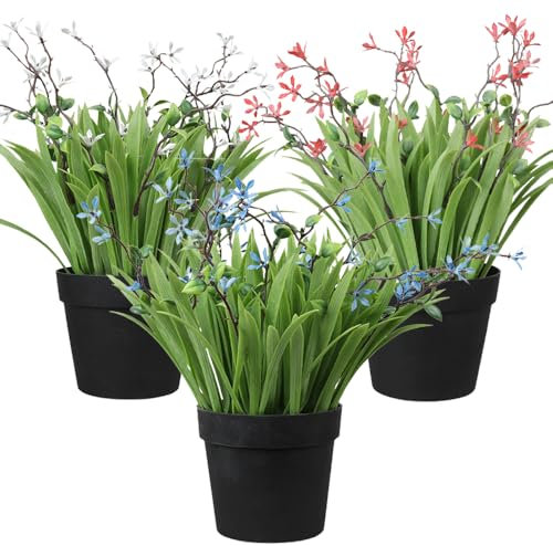 Aisamco 3 Piezas Plantas Artificiales en Maceta Pequeñas Plantas en Maceta Negra Pequeña Hierba Falsa Vegetación para Baño Hogar Oficina Escritorio Mesa Decoración de Estante