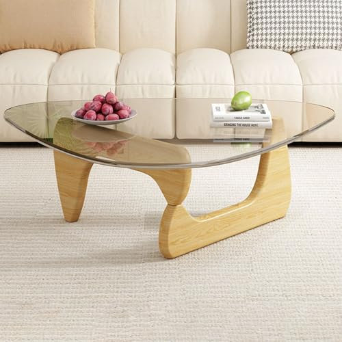 Tables basses pour salon, table basse triangulaire avec base en bois massif, table basse en verre, table basse moderne pour salon, balcon, table d'appoint