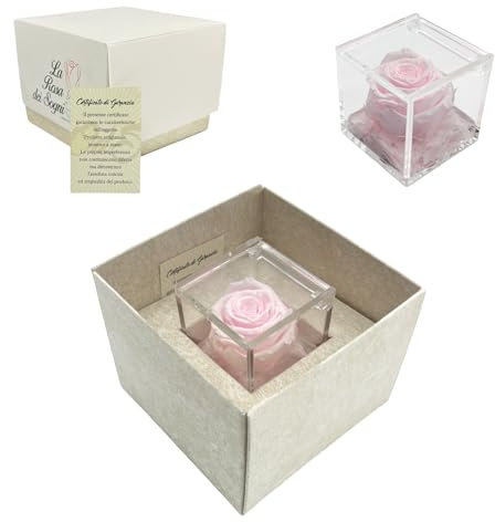 Tesori Nascosti Rosa Stabilizzata Rosa Profumata in Cubo Trasparente - Confezione Regalo Elegante con Certificato - Durata 5-7 anni - Made in Italy - 5x5 cm - Rosa con Petali in gel