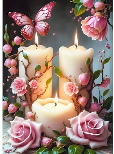 GDYEEH Kerze Diamond Painting Kits Erwachsene, 5D Rosen Blumen Diamant Kunst Bilder Anfänger, DIY Runder Vollbohrer Schmetterling Diamanten Malerei Stickerei Geschenke Home Wand Dekor 30x40 cm