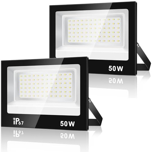 URTBST 50W Led Strahler Außen,5000LM LED Scheinwerfer,7000K Kaltweiß LED Strahler,IP67 Wasserdichte Superhell LED Fluter Flutlicht,Aussenstrahler für Garten,Garage,Hof(2 Stück)