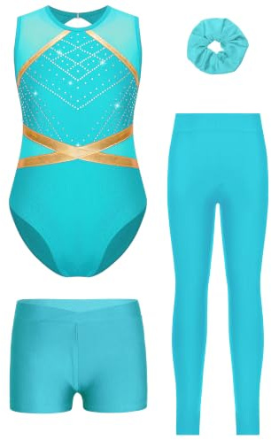 inhzoy Mädchen Turnanzug Mit Hose Kurz&Lang Ärmelloser Farbblock Trikot Leggings Shorts Und Haargummi Set Gymnastik Tanzkleidung