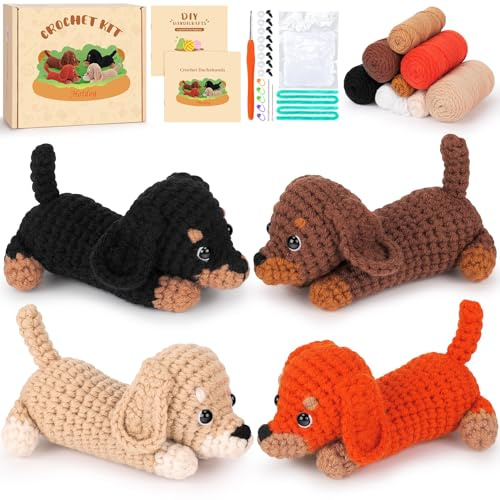 Fortuning's JDS 4-teiliges Häkelset für Anfänger, Baby-Dackel, Hund, Häkeltier-Set, komplettes Tierhäkeln mit Schritt-für-Schritt-Video-Stricken, Lernset, Häkeln, Starter-Kits