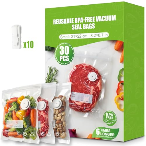 Babacom 30PCS Bolsas Vacio Alimentos Reutilizables para Envasadora al Vacío con Válvula de Aire y 10 Pinzas–Pequeño(21x22cm), sin BPA, Mantienen Frescura para Congelador,Microondas y Cocción Sous Vide