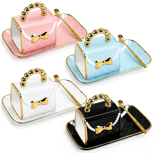 OJMHD 4 Sets Cute Coffee Mug and Saucer Set, 300 ml Ceramic Tea Cup with Spoon & Tray, Handbag Shaped Coffee Mug for Women Girl Office Home Drinking Milk Hot Chocolate Cappuccino, 4 Colour