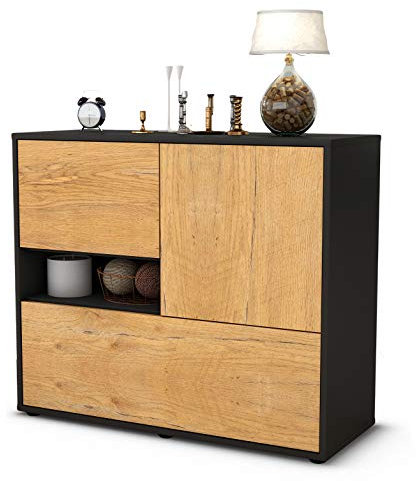 Stil.Zeit Sideboard Debora, Korpus anthrazit matt, Front Holz-Design Eiche (92x79x35cm) Push-to-Open Technik