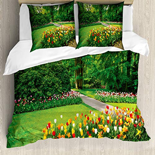 ABAKUHAUS Frühling Bettbezugs Set Für Doppelbetten, Garten mit Tulpen Bäume, Milbensicher Allergiker geeignet mit Kissenbezügen, Grün und Rot