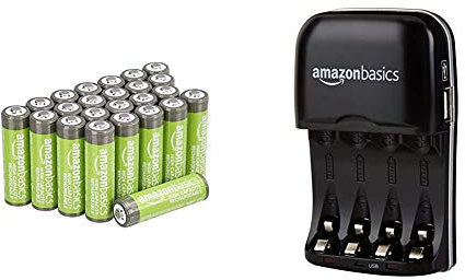 Amazon Basics AA High-Capacity Rechargeable Batteries 2400mAh (24-Pack) Pre-charged & Ni-MH AA & AAA Battery Charger With USB Port