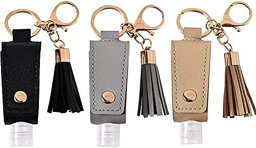 Portable Empty Travel Bottle Keychain Hand Sanitizer Bottle Holder 3 Pack 1oz / 30ml Small Squeeze Bottle Refillable Containers for Toiletry Shampoo Lotion Soap (Black+Grey+Khaki)
