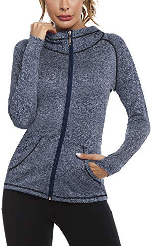 Sykooria Woman Plain Zip Up Hoodie Top Ladies Long Sleeve Sport Workout Runing Track Jackets Sweatshirt Coat Hoody Jacket with Pockets and Thumb Holes Navy Blue