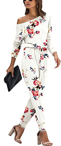 YUNDAI Womens Jumpsuits One Piece Casual Off Shoulder Playsuit Long Sleeve Overalls Elastic Waist Stretchy Romper with Pockets XX-Large,Floral White