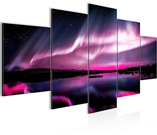 Runa Art Bild Wohnzimmer Schlafzimmer Nordlichter Nachthimmel 5 Teilig Polarlicht Island Violett Lila Wandbilder auf Vlies Leinwand 041953c