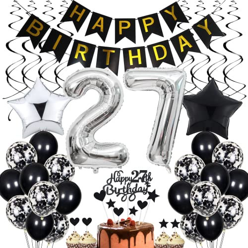 27. Geburtstag Dekoration,Schwarz Tortendeko Geburtstag 27 Jahre Männer,Black and White Party Deko,27 Geburtstag Frauen Männer,Tortendeko 27. Geburtstag Männer Frauen,Geburtstagsdeko 27 Jahre Frauen
