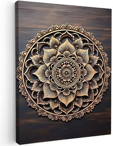 MuchoWow© Bild auf Leinwand 30x40 cm Schlafzimmer Bilder Wand Deko Wohnzimmer Modern Wanddeko Bilderwand Geschenk Mandala - Holz - Blumen - Braun