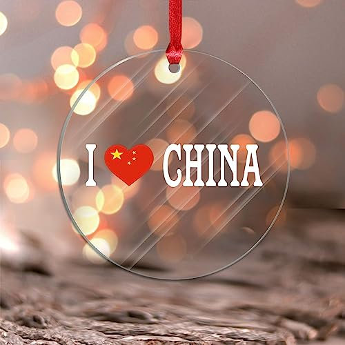 Yelolyio I Love China Transparente runde Acryl-Weihnachtsschmuck, China-Flagge, hängende Weihnachtsbaumschmuck, Dekorationen, Sammlerstück, Geschenk, Weihnachtsbaum-Dekoration