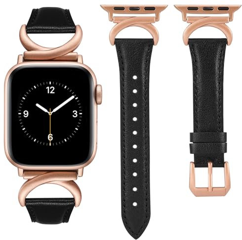 TOYOUTHS Lederarmband kompatibel mit Apple Watch Armband 41mm 40mm 38mm 42mm Damen, Schlank Elegant Dressy Armbänder mit C-förmiger Schnalle für iWatch 10/9/8/7/SE/6/5/4/3/2/1, Schwarz/Rose Pink