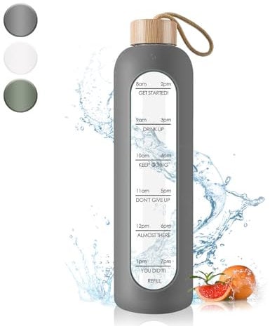 Drinking Bottle Glass 1 Litre with Time Markings - 1 Litre Leak-proof Sports Glass Water Bottle with Bamboo Lid for Sports, Leisure, 1000 ml Reusable Silicone Case Glass Drinking Bottle (Gray)