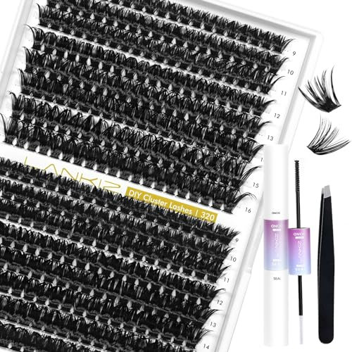 LANKIZ Wimpern Extensions Set, 60D+80D DIY Lash Extension Set, 312pcs Wimpernverlängerung Set, C Curl 9-16mm Mix Einzelne Wimpern mit Wimpernkleber & Applicator Wimpern Cluster Kit (60D+80D -C-Kit)