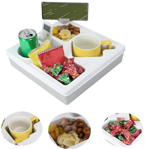 Bandeja para portavasos de sofá, bandeja para portavasos de sofá, organizador portátil de silicona suave con soporte para teléfono para cama, sofá, coche, bandeja organizadora de aperitivos (blanco)