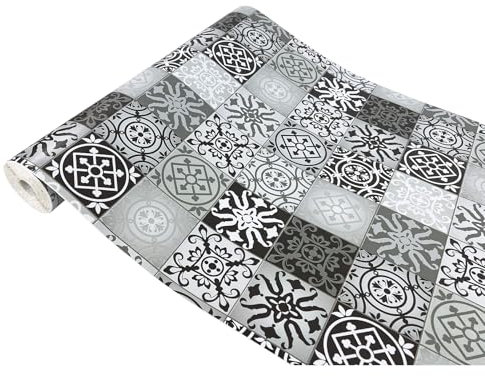 DecoMeister Klebefolie Möbel 45x1500 cm | Selbstklebende Möbelfolie in Stein-, Marmor- und Betonoptik | Folie für Möbel wasserfest und leicht anzubringen für Küche und Bad | Fliesen Schwarz/Weiß