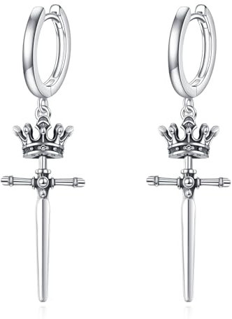 Kronen Schwert Ohrringe - 925 Sterling Silber Tropfen Krone Schwert Ohrringe - Schmuck Geschenk für Herren und Damen