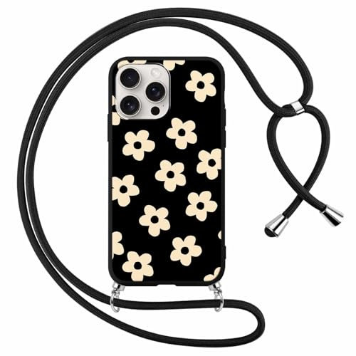 Foonary Coque pour Apple iPhone 16 Pro avec Cordon de Collier, Aesthetic Fleur Motif Étui Housse Réglable Lanyard Corde, Souple Silicone TPU Antichoc Protection Case pour iPhone 16 Pro 6,3, Floral 2