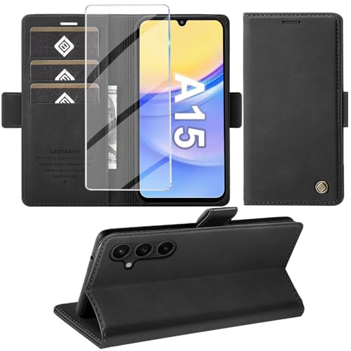 Giyer Cover per Samsung Galaxy A15 5G Custodia con Vetro Temperato, Premium Pelle PU Portafoglio Slot per Scheda RFID Antifurto Funzione Supporto Flip Case, Antiurto per Samsung A15 5G Cover (Nero)