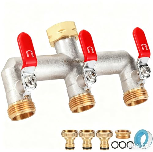 3-Wege Wasserverteiler Vernickelt Messing mit Roten Griffen, 3/4 Zoll Sechskantverbindung-Adapter 1/2 Zoll