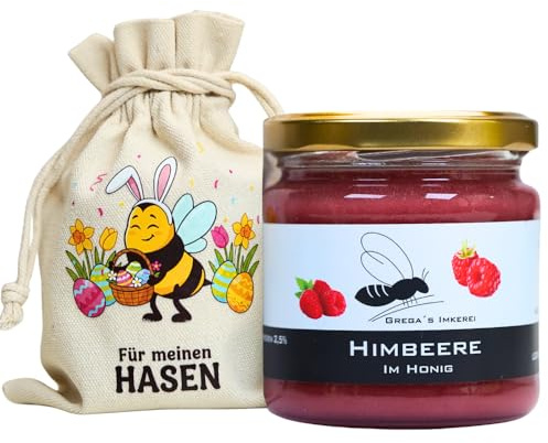 Grega's Imkerei - Honig Geschenkset im Leinensäckchen Für meinen Hasen | 250g Honigspezialität nach Wahl | Ideales Ostergeschenk & Osternest-Füllung | Vom Imker (Himbeere im Honig 250g)
