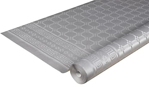 PRONAPPE - Réf. R482552I - Nappe jetable papier damassé en rouleau de 25 M de long X 1,18 M de large - Papier damassé au motif universel chic et classique - 83 couverts - Couleur argent