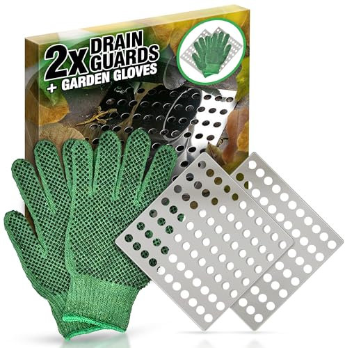 Medipaq 2x Square Stainless Steel Drain Covers – Rustproof 15cm x 15cm Drain Leaf Guard for Outdoor Use – Metal Drain Cover to Stop Leaves & Debris – Includes Gardening Gloves